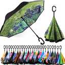 SIEPASA 49/56 Inch Inverted Reverse Upside Down Umbrella, Extra Large Double Canopy Vented Windproof Waterproof Stick Golf Umbrellas with C-shape Handle. (Irises)