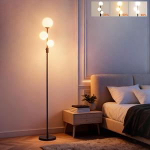 Fiqevs Upgraded Dimmable 3 Globe Mid Century Modern Floor Lamp, 3 x 3000K Warm Light LED Bulbs Included, Matt Black Standing Lamp with Sphere Glass Shade, Vintage Tall Lamp for Living Room, Bedroom