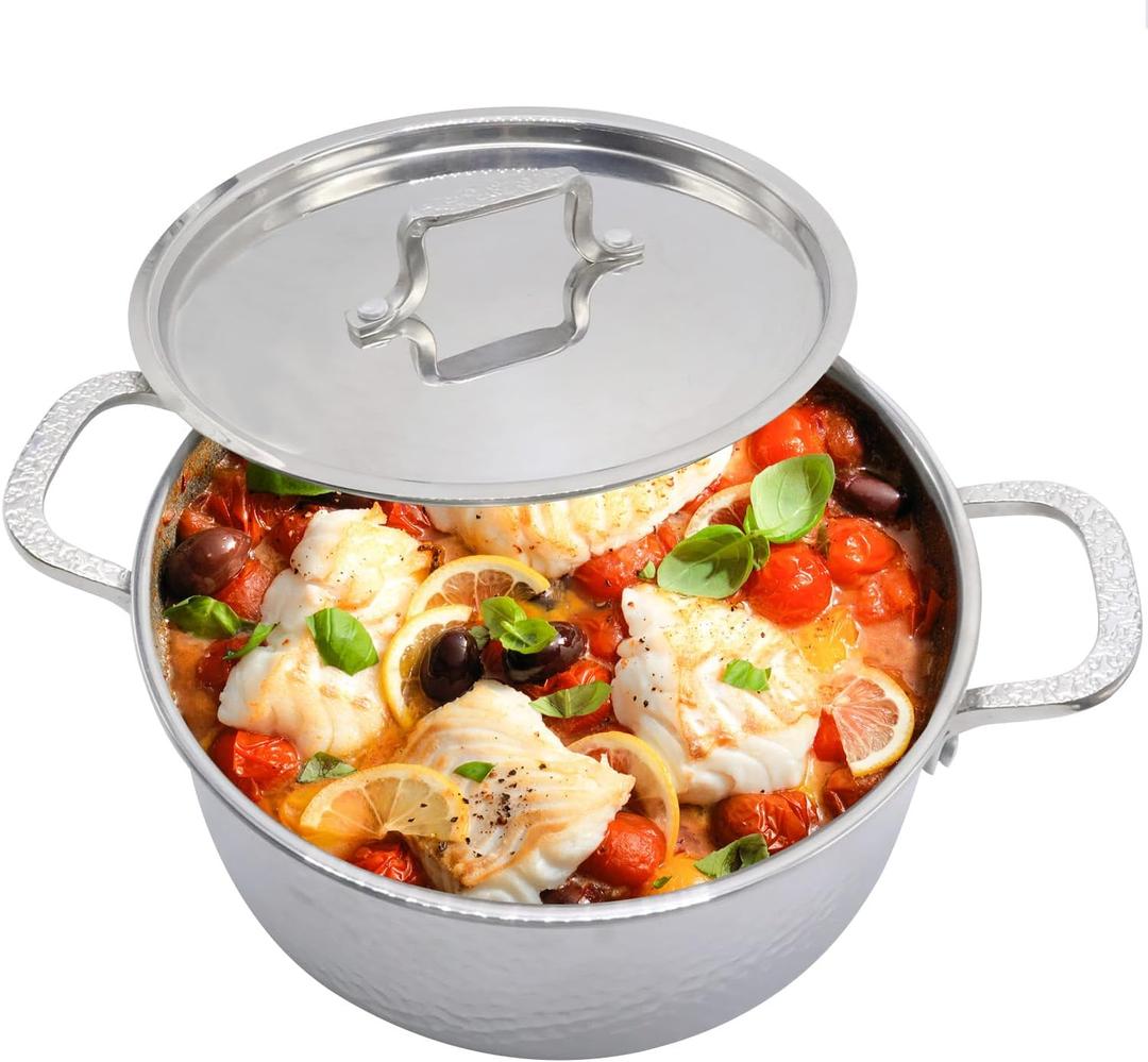 Vivicreate Tri-Ply Stainless Steel Stockpot  Deep Cooking Pot with Hammered Exterior, Compatible with All Stovetops, Even Heat Distribution, Durable Cookware for Soups, Stews, and More7QT