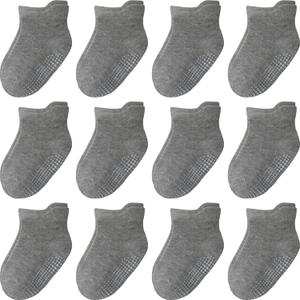 Aroveea Non Slip Grip Ankle Baby Socks 12 Pack for Toddler Boys and Girls Kids, Infant Cute Cotton Baby Socks (Gray)