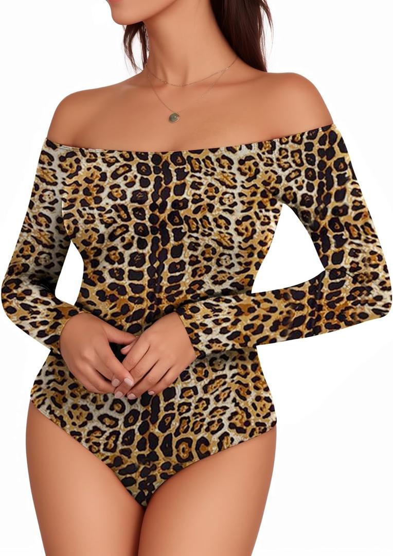 MANGOPOP Off The Shoulder Long Sleeve Short Sleeve Bodysuit for Women (Large)