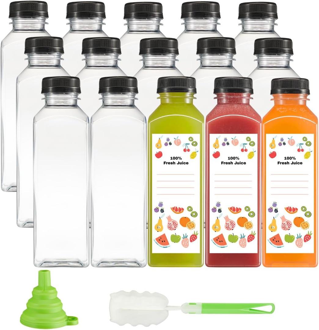 GUSTO [16 oz. - 15 Count Reusable Plastic Juice Bottles With Caps, Labels, Brush, and Silicone Funnel - Clear plastic Bottles with Caps, Juice Containers with lids, for All Beverages