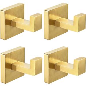 IBosins 4 Pack Towel Hooks Hand Towel Holder for Bathroom Wall Livingroom Bedroom Kitchen Closet Heavy Duty Stainless Steel Hook Hanger for Robe, Bath Towel, Coat (Square Brushed Gold)