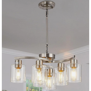 Brushed Nickel Modern Farmhouse Chandelier 6 Light Chandeliers for Dining Room Hanging Light Fixture with Clear Glass Shade, Bedroom Ceiling Light Fixture for Living Room Kitchen Hallway Foyer