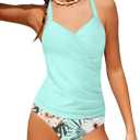 Girls Tankini Swimsuit Twist V Neck Bathing Suit Ruched Girls Swimsuit Two Piece Printed Girls' Swimwear 9-10 Years (Mint Green)