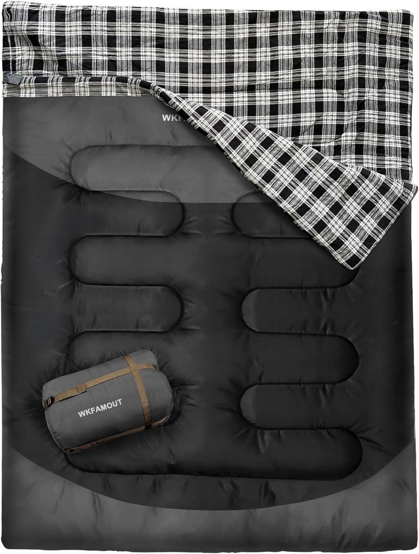 Double Sleeping Bag for Adults Machine Washable 2 Person Camping Sleeping Bag Queen Size Waterproof with Compression Sack for Cold Weather 3-4 Seasons, Flannel
