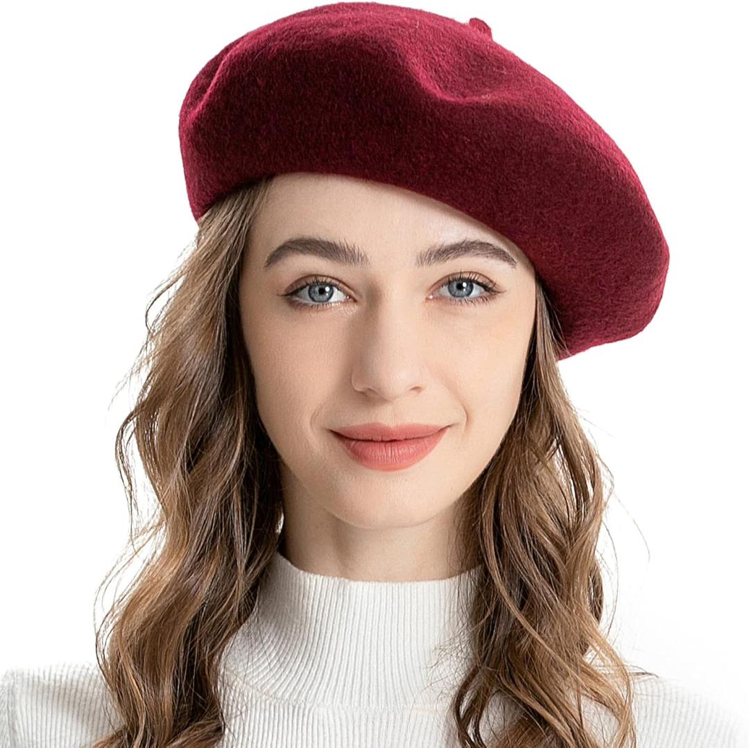 ZLYC Wool French Beret Hat Solid Color Beret Cap for Women Girls (One Size, Burgundy)