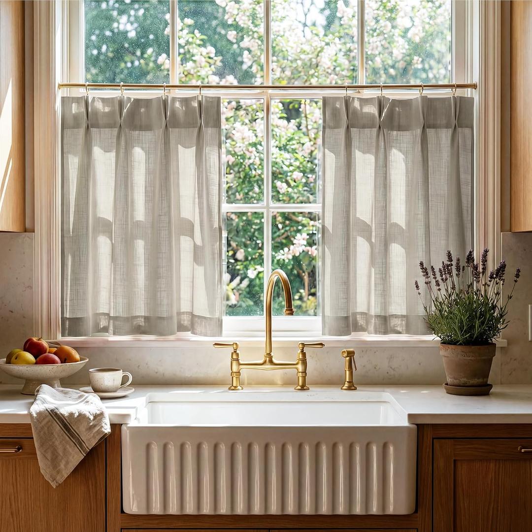 RYB HOME Pinch Pleated Cafe Curtains 30 inches Length, Light Filtering Semi Sheer Privacy Linen Textured Half Window Curtain Tier for Kitchen Cabinet, 26" W x 24" L, Taupe, 2 Panels