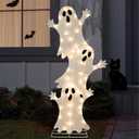 Halloween Lighted Stacked Ghosts Decoration, Pre-Lit with 50 Warm White Lights Spooky Ghosts Lights, Halloween Light Up Ghost for Indoor, Outdoor, Porch, Yard, 42’’ H