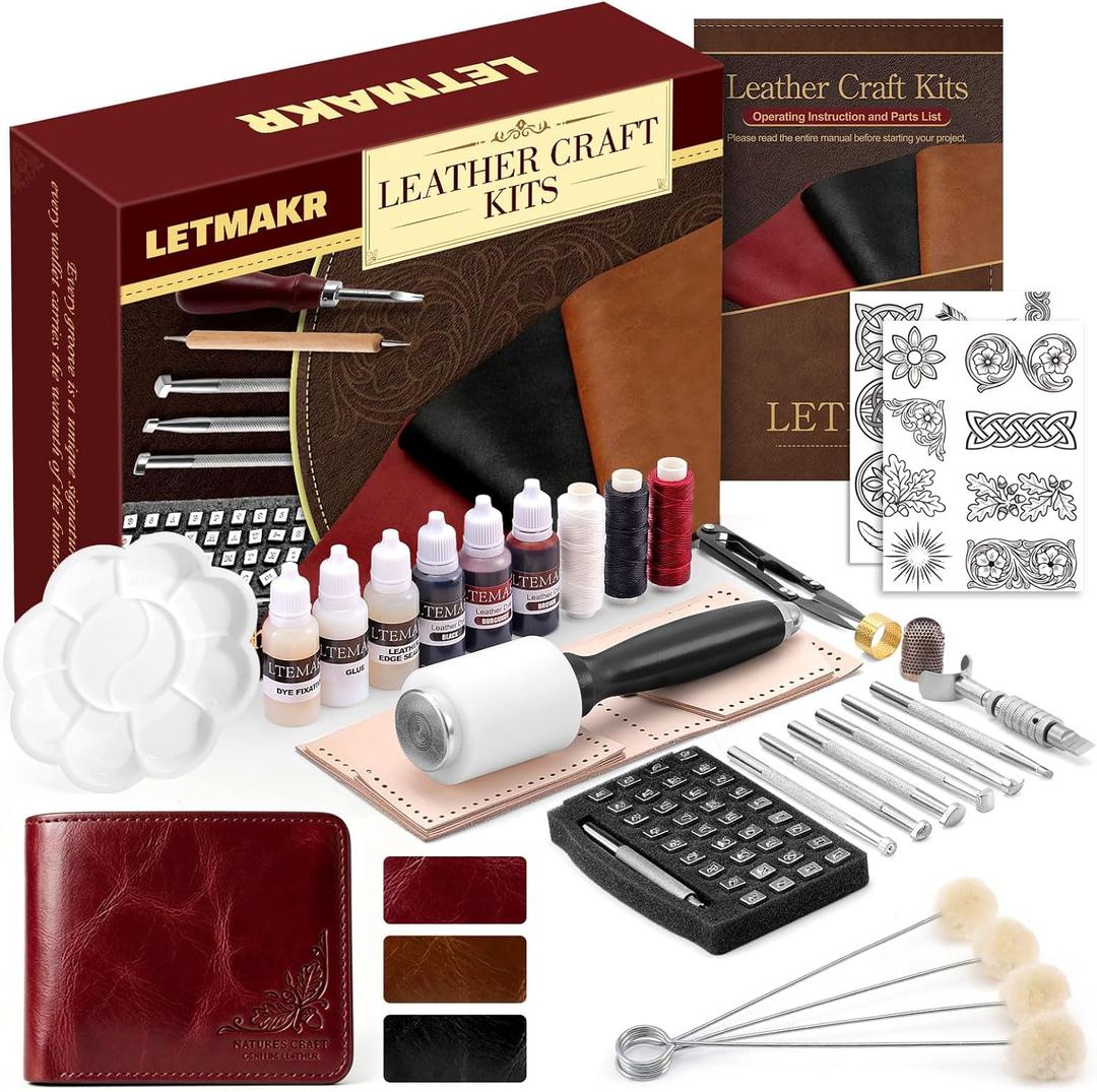 Leather Working Kit-Leather Crafting Tools with Cowhide and Paint Set-Men's Wallet DIY Kit-Hobbies for Women and Men-Art and Crafts for Adults- Birthday Gift for Men,Dad,Boyfriend,Husband