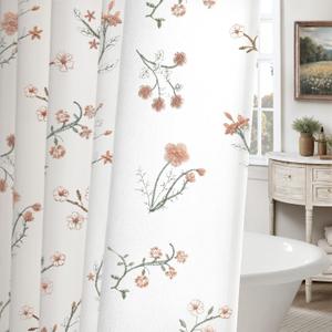 Floral Farmhouse Vintage Cotton Shower Curtain, French Country Embroidered Textured Shower Curtains for Bathroom, 72Wx72H