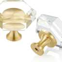 QOGRISUN 2-Pack Brass Crystal Cabinet Knobs,Glass Crystal Gold Drawer Knobs,1-5/16-Inch Hexagon,Decorative Dresser Pulls, Modern Cabinet Hardware