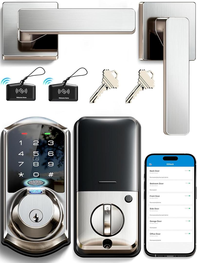 Veise VE07-L Fingerprint App Control Smart Locks with Heavy-Duty Zinc Alloy Handles, Keyless Entry for Front Door, Digital Electronic Touchscreen, Auto Lock, Waterproof, Easy Install, Satin Nickel