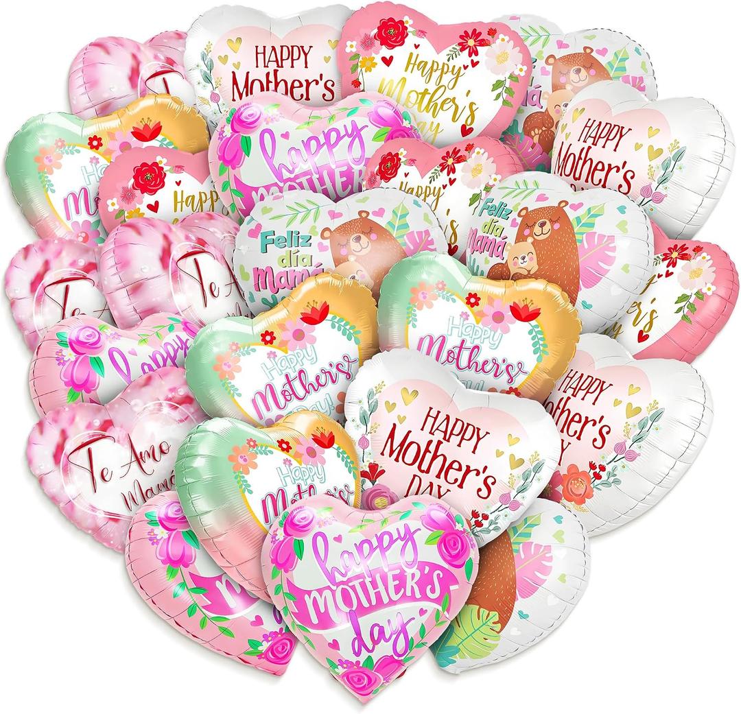 24Pcs Happy Mother's Day Balloons 18inch Aluminum Foil Balloons Heart Balloons for Mother's Day Birthday Party Decorations Mothers Day Decorations(Pink)