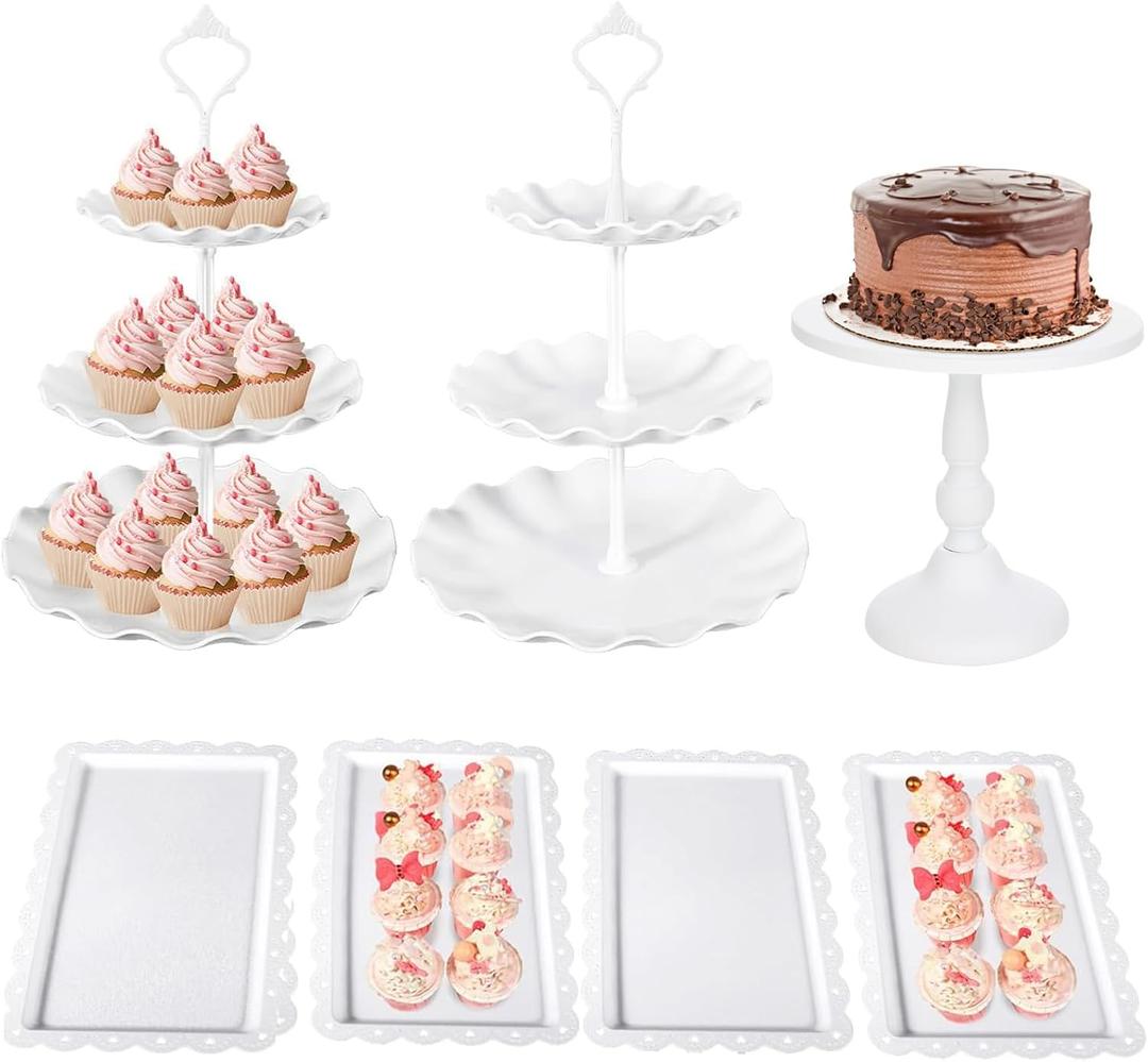 Mwellewm 7 Pcs Dessert Table Stand Set 2 Pcs 3-Tier Plastic Cupcake Stands 1 Pc Metal White Cake Stand for Party Cookie Tray Rack Serving Tray Display Tower for Wedding Baby Shower