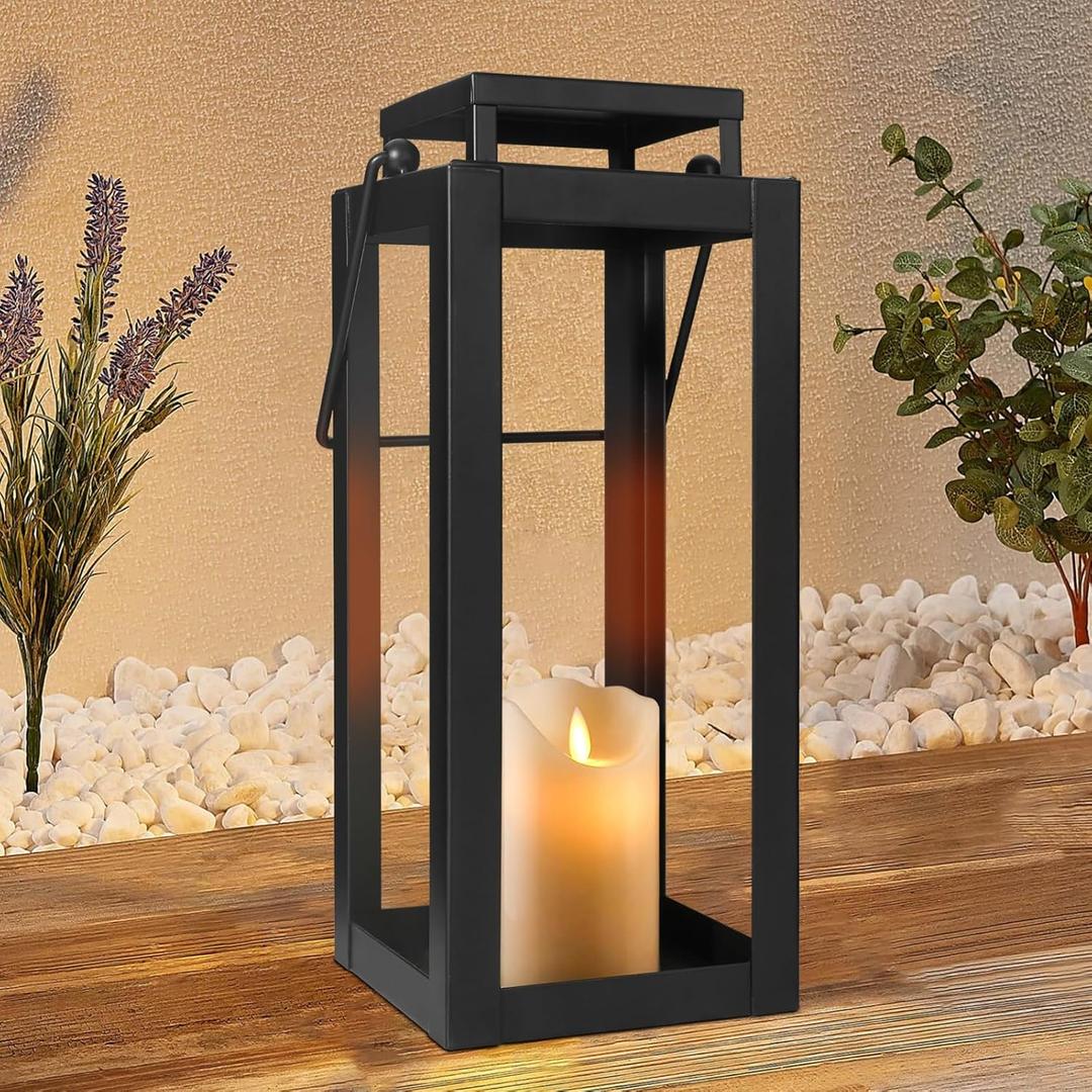 18" Black Metal Modern Candle Lantern  Decorative Hurricane Lantern for Indoor & Outdoor Use, Ideal for Table, Mantle, Porch, Halloween, Christmas, and Wedding Decor (No Glass Panel) (Large)