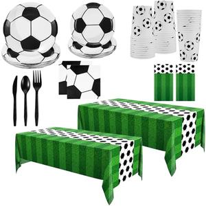 Oudain 162 Pcs Soccer Party Supplies Tableware Set Include Plates, Cups, Napkins, Tablecloth, Forks, Spoons, Knives Disposable Dinnerware Decorations for Soccer Theme Birthday Dinner Home Party