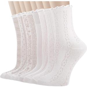 8 Pairs Women's Ruffle Socks, Cute White Thin Sheer Sock Cool Breathable Mesh, Cotton Knit Lettuce Trim Dress Ankle Socks, Casual Summer Frilly Sock for Women Girls (White)
