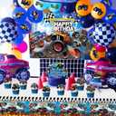 Roaring Good Time Monster Trucks Birthday Decoration: Pennants, Cake Inserts, Balloons, Backdrop & Tablecloth in Black, Red, Yellow
