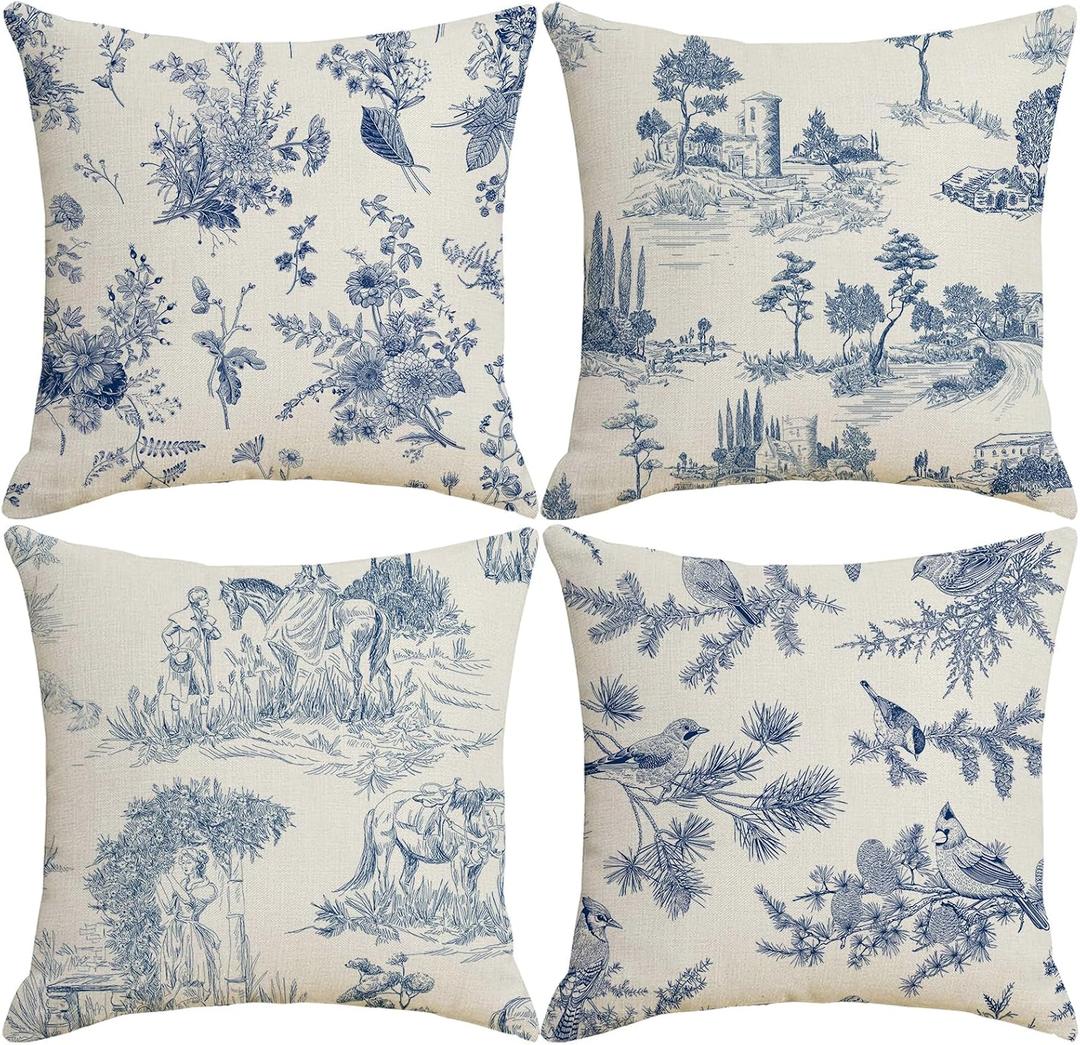Toile Throw Pillow Covers 18x18 inch Set of 4 French Country Pillow Cases Vintage Blue Chinoiserie Decorative Cushion Covers for Sofa Couch Home Spring Decor