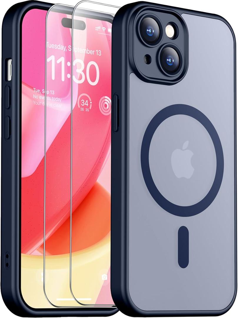 SPIDERCASE Designed for iPhone 15 Case, Magnetic Translucent with 2PCS Tempered Glass Screen Protector Anti-Fingerprint Anti-Scratch Phone Case,Blue