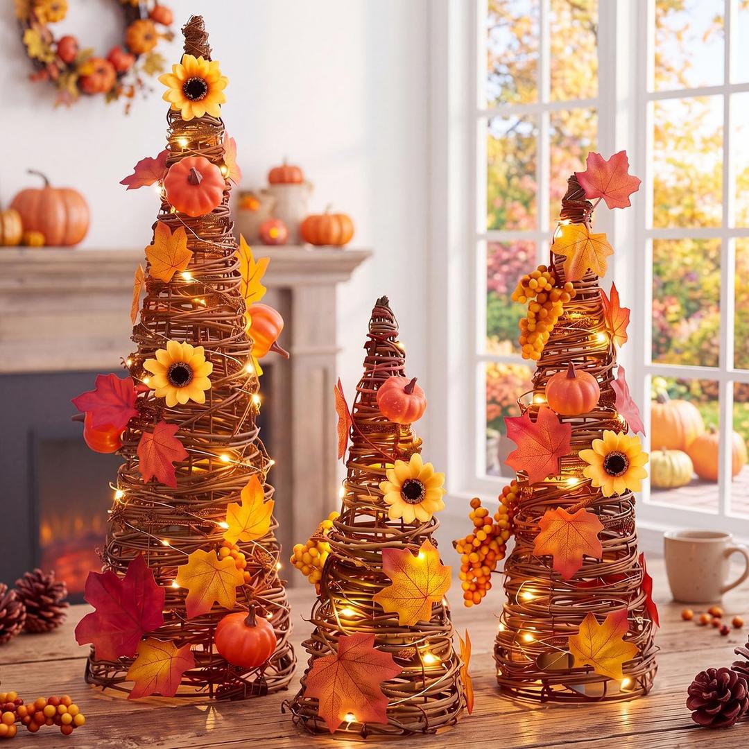 Jenaai 3 Pcs Lighted Fall Table Tree Decor, Thanksgiving Cone Tree Decor