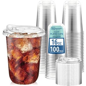 Homestockplus 16 oz Clear Plastic Cups with Lids (100 Pack) - Strawless Sip Lids, Leak-Proof & BPA-Free Iced Coffee Cups - Disposable Cold Drink Cups for Smoothies, Milkshake, Parties, Events
