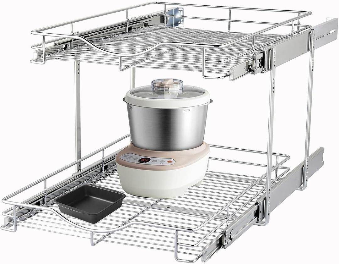 DINDON 2 Tier Pull Out Cabinet Organizer (17" W X 21" D), Double Tier Wire Basket Slide Out Shelf Storage for Kitchen Base Cabinet, Chrome Finish