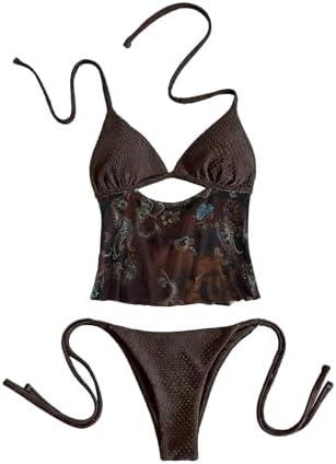 SHENHE Women's 2Pcs String Bikini Set Triangle Halter Patchwork Floral Print Lace Up Swimsuits Small