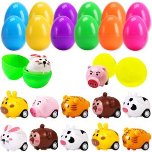 12 Pack Easter Eggs Filled with Animal Pull Back Toy Cars, Easter Basket Stuffers Surprise Easter Gifts Hunt Theme Party Favors Classroom Prize Supplies