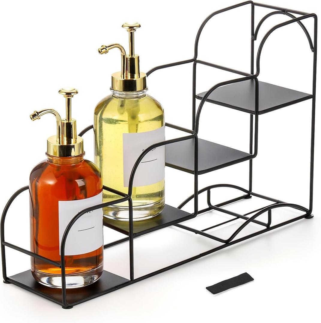 Noamus 4-Tier Syrup Bottle Holder, Iron 4 Compartment Bottle Organizer Rack, 16" Countertop Display Storage Shelf Bottle Stand, Metal Coffee Bar Organizer for Dressing, Wine, Juice, Kitchen, Black