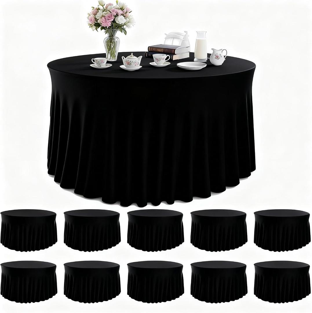 10 Pack Black Round Spandex Tablecloths for 60in Tables, 120 Inch Stretch Fitted Table Skirts, Wrinkle-Free Washable Polyester Covers for Wedding, Banquet & Party, 10 pcs