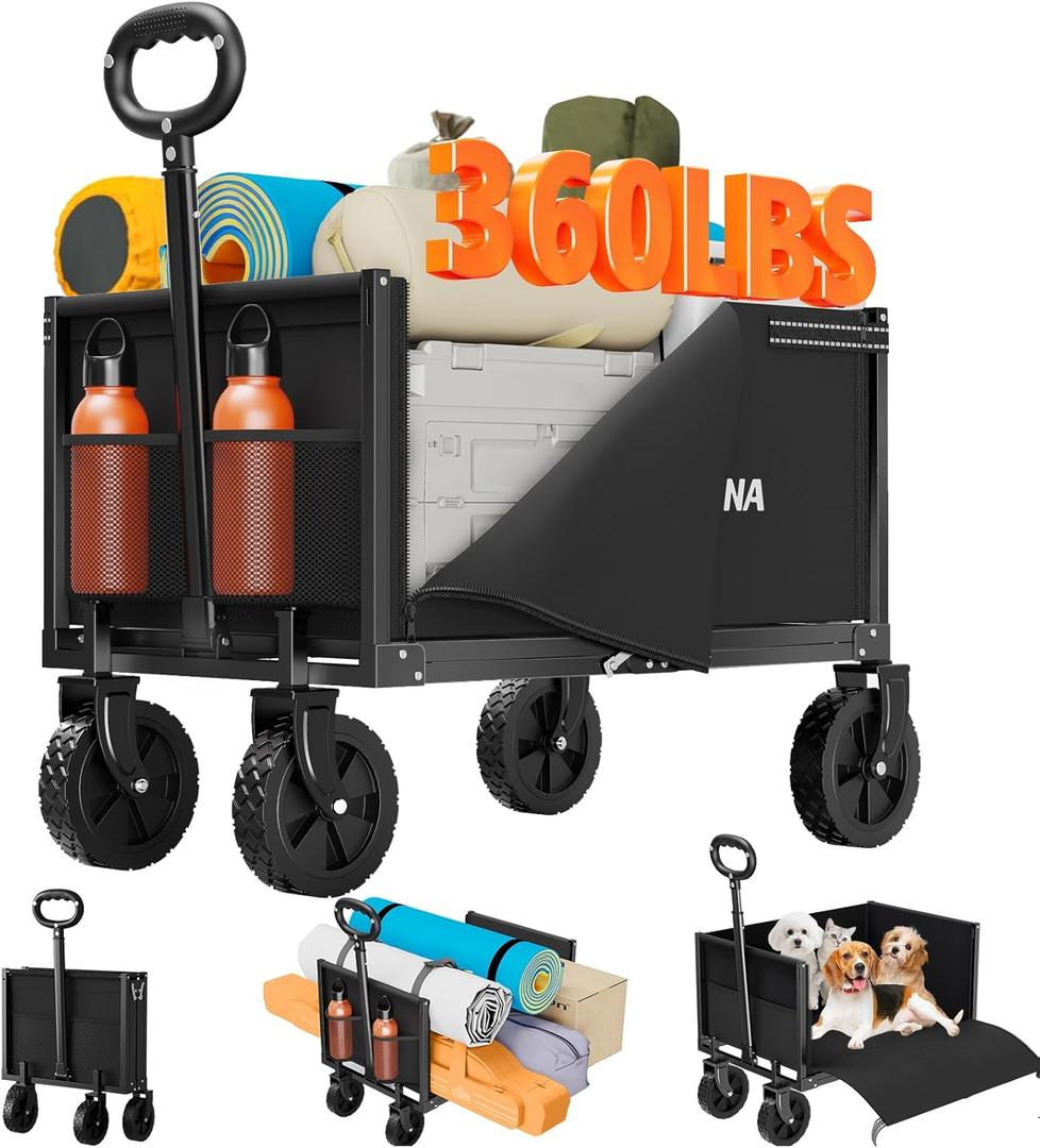 YACONA 3 in 1 Wagons Carts Foldable, 360LBS Lightweight Wagon with All Terrain Wheels, Collapsible Wagon Cart for Grocery, Camping, Beach, Garden & Sports (Black)