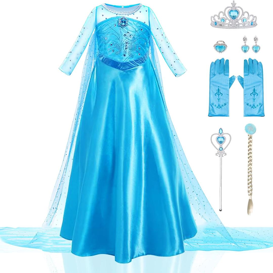 Girls Princess Dress Luxury Princess Costume Christmas Birthday Party Snow Princess Dress Up for Girls Halloween Cosplay Fancy Dress with Shining Long Cape (4-5 Years, Blue)