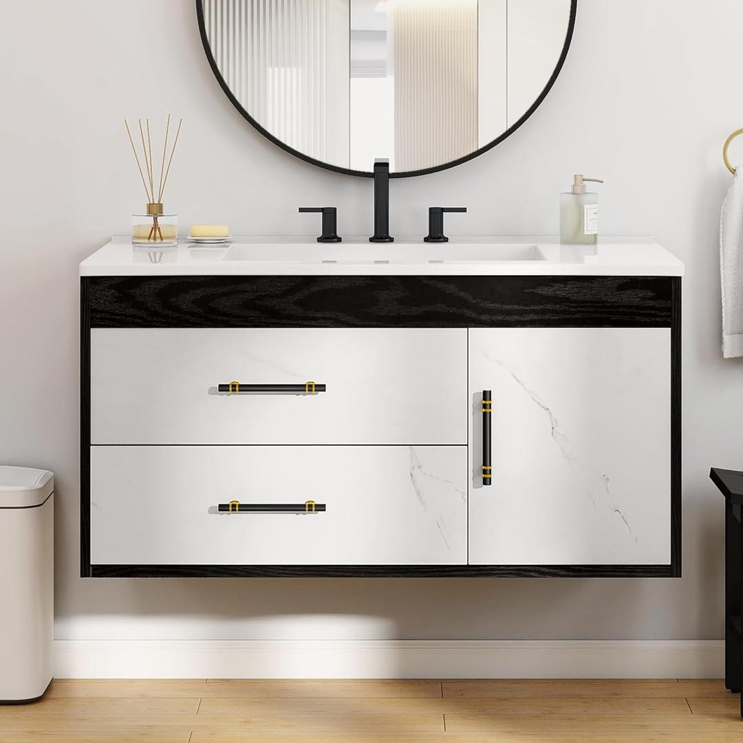 YITAHOME 36 Floating Vanity with Sink, Wall Mounted Bathroom Cabinet Vanity with Soft-Close System Cabinet, Marble Pattern, 2 Drawers & Pre-drilled Three Holes