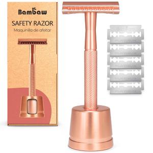 Bambaw Double Edge Safety Razor with Stand, Women Razor with 5 Double Edge Safety Razor Blades, Plastic Free Metal Razor  Rose Gold