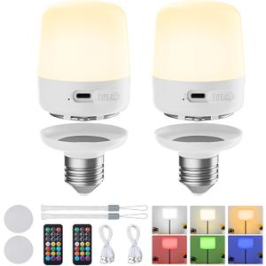 Minetom E26 Rechargeable Light Bulbs with Remote and Timer, Battery Backup Bulb with 12 Colors and Brightness Dimmable, 2300mAh 40W Equivalent LED Light Bulbs for Lamps Sconces Camping, Pack of 2