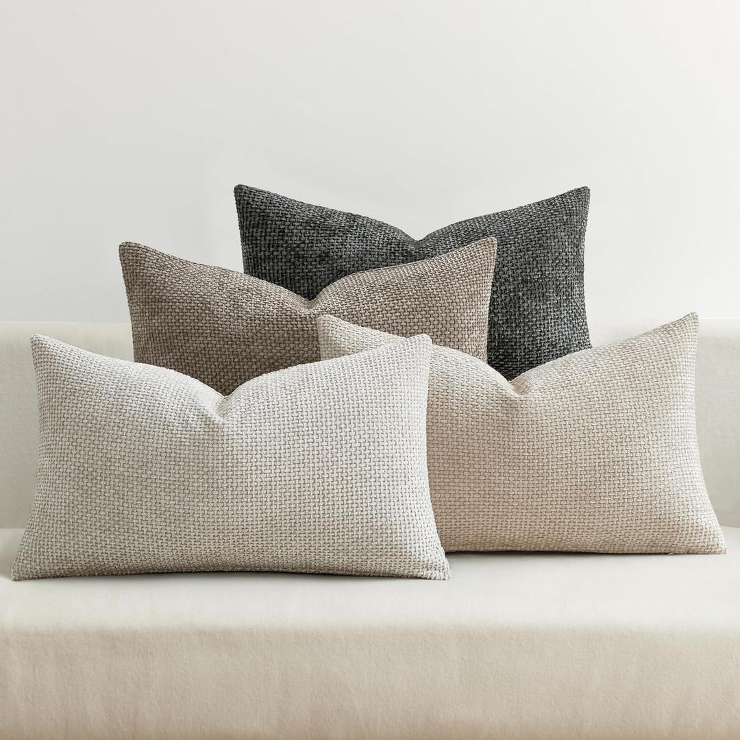 MIULEE Pack of 4 Couch Throw Pillow Covers 12x20 Inch Neutral Soft Decorative Chenille Pillow Covers Farmhouse Boho Accent Cushion Covers for Mid Century Modern Home Decor Sofa Bedroom Living Room