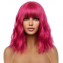 Hot Pink Wigs for Women Short Curly Wavy Pink Wig for Girls Short Bob Wig With Bangs Heat Resistant Synthetic Wigs for Cosplay Costume Party(Rose Red wig)