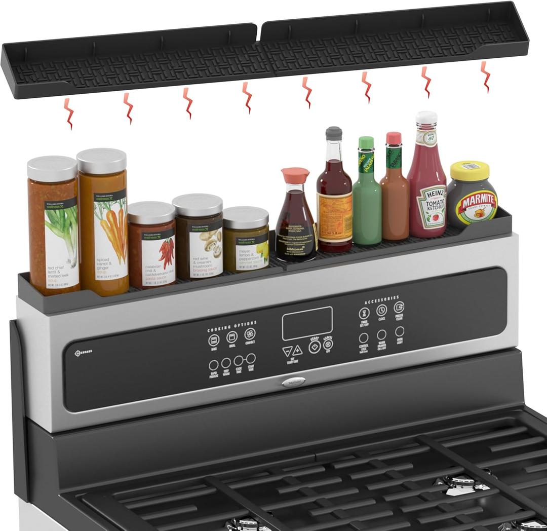 Stove Top Shelf 30 Inch, Magnetic Over the Stove Top Shelf, Silicone Oven Spice Rack Organizer Storage Organization for Kitchen, Black