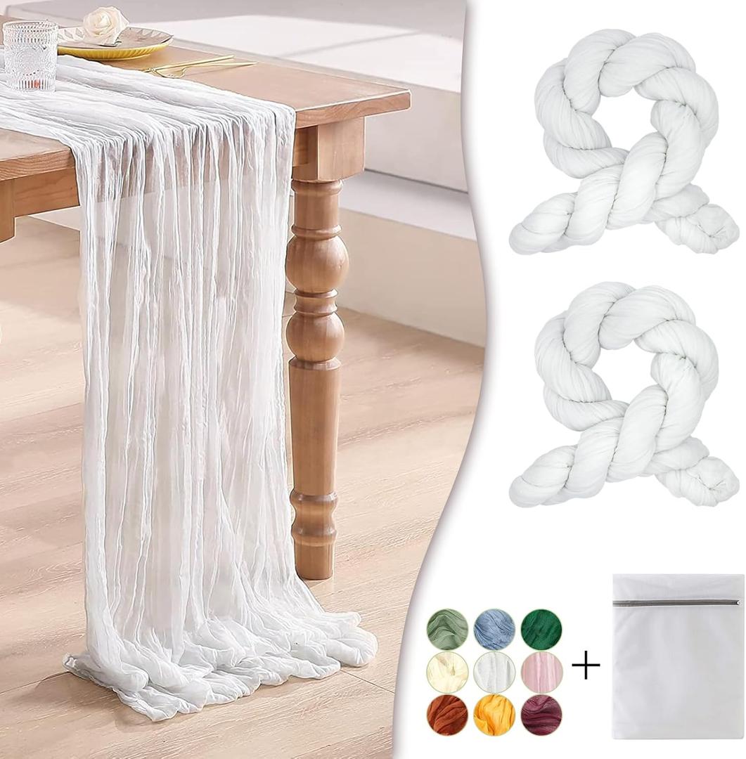 White Cheesecloth Table Runner 2 Pack 35" Boho Gauze 120 inches Long Runner Rustic Sheer Cheese Cloth Fabric Bulk for Baby Shower Wedding Bridal Birthday Party Decorations