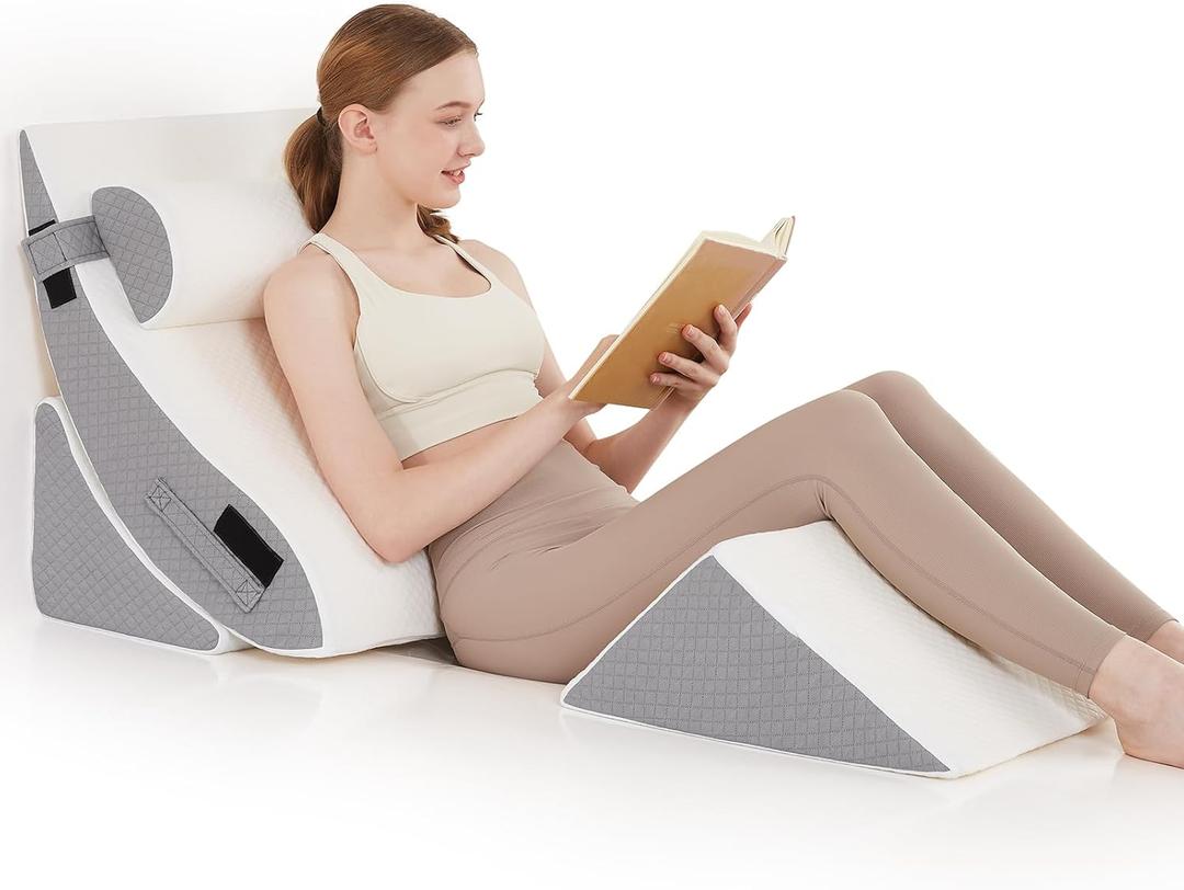 4PCS Orthopedic Bed Wedge Pillow Set for Post Surgery - Adjustable Wedge Pillow for Neck Back and Leg Pain Relief - Triangle Pillow Wedge for Acid Reflux & Sleeping & GERD (White Grey)