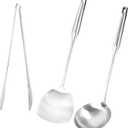 3-Piece Modern Stainless Steel Kitchen Utensil Set - Spatula, Ladle and Tongs - Long Handle Heat Resistant Grip - Non-Stick Cookware Set
