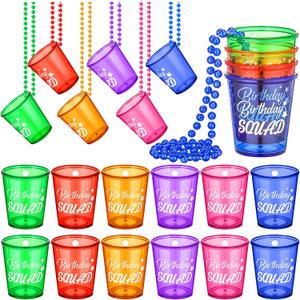 Hoolerry 12 Pcs Birthday Squad Shot Glass Necklace Shot Cups Plastic Glasses on Beaded Necklace Funny Beaded Squad Cups for Adults Birthday Wedding Party Supplies Favors, 6 Colors