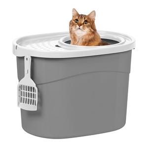 IRIS USA Cat Litter Box, Large Top Entry with Litter Catching Lid, Dog Proof, Enclosed Cat Litter Box, Gray/White
