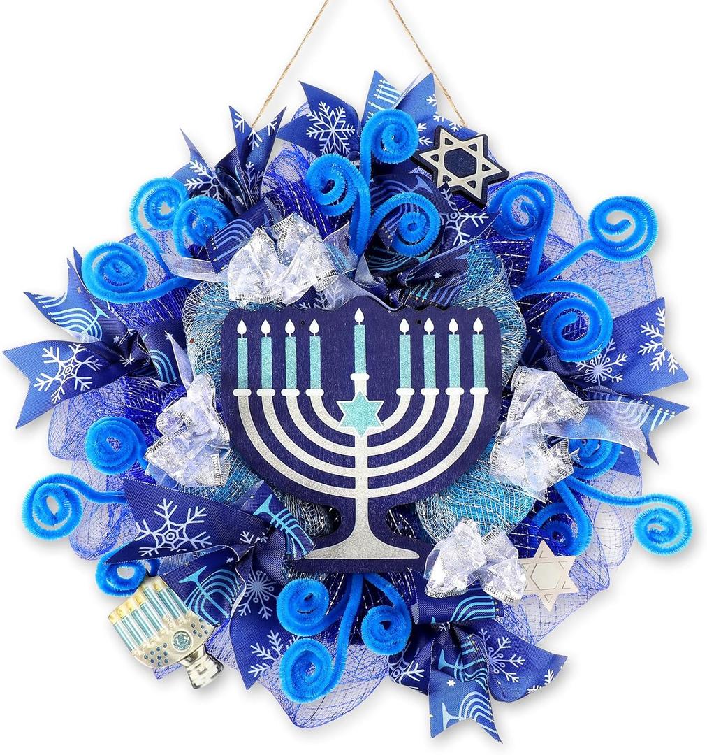 Hoteam Hanukkah Wreath for Front Door Happy Hanukkah Front Door Sign 13 Inch Blue Rustic Chanukah Welcome Decoration for Indoor Outdoor Home Porch Hanging Decoration