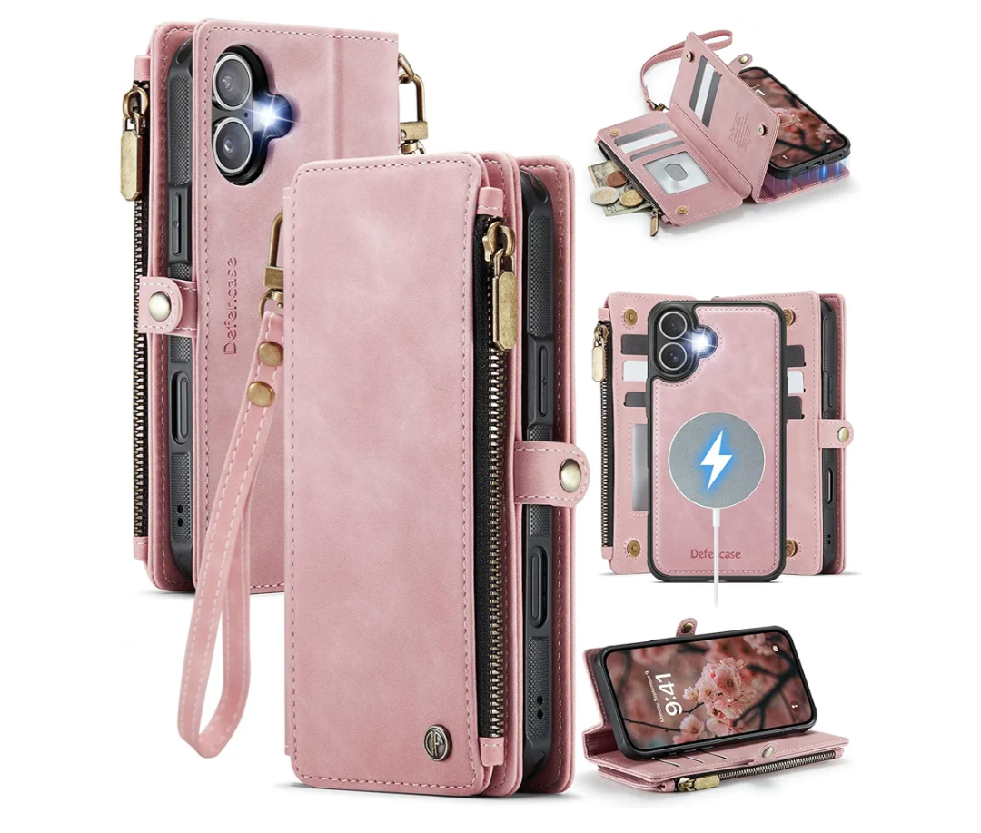 Defencase for iPhone 17 Magnetic Wallet Case Compatible with Magsafe with RFID Blocking Zipper Pocket & Card Holder for Women Men PU Leather Strap Detachable Case for iPhone 17 (6.3 inch), Rose Pink