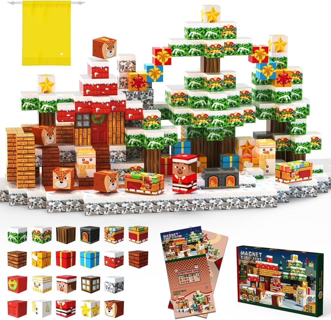 Christmas Magnetic Blocks 100 Pieces, Magnetic Tiles 3D Sensory Construction Building Santa Claus Reindeer, Magnet Cubes Stacking Toys Games