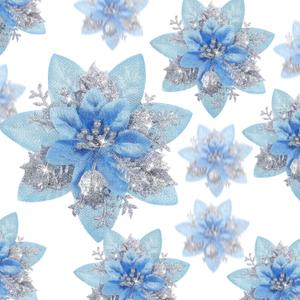 24 Christmas Glitter Artificial Poinsettia Flowers Xmas Poinsettia Artificial Wedding Flowers Decorations Xmas Tree Ornaments with Clips for Party Favors, 6 Inch, 4 Inch, 3 Inch (Silver and Blue)