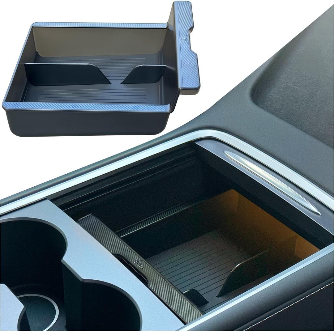 JVMA Center Console Organizer for Tesla Model Y 2024 2023 2022 2021 and Model 3 2021-2023 Accessories with Backlight Transparent Smooth Slide 3 Carbon Edition Upgrade